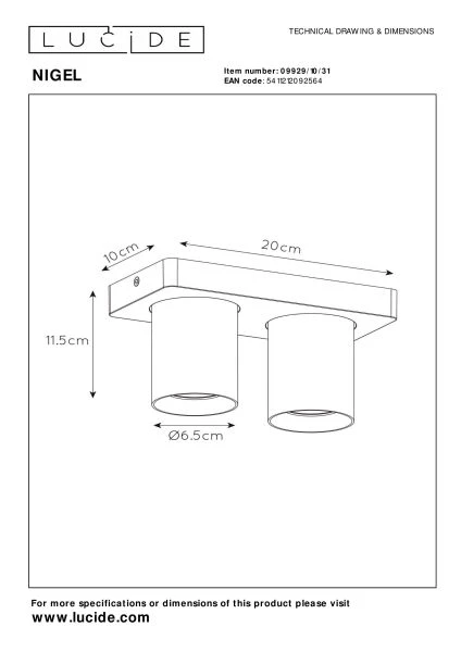 Lucide NIGEL - Spot plafond - LED Dim to warm - GU10 - 2x5W 2200K/3000K - Blanc - technique